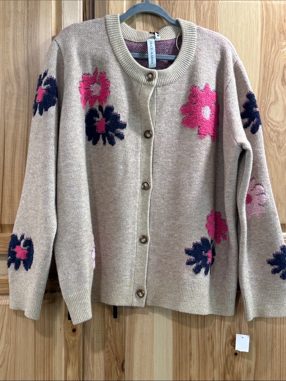 New Grace + Karma Women’s Size 2X/3X Beige Cottagecore Cardigan with Flowers